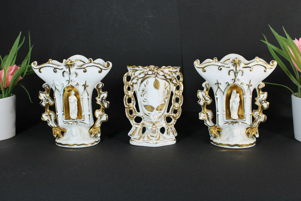 SEt Antique french religious vieux paris porcelain vases chapen madonna joseph
