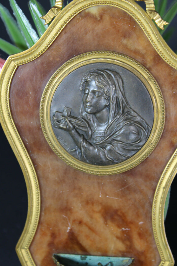 Antique French onyx brass holy water font medaillon madonna