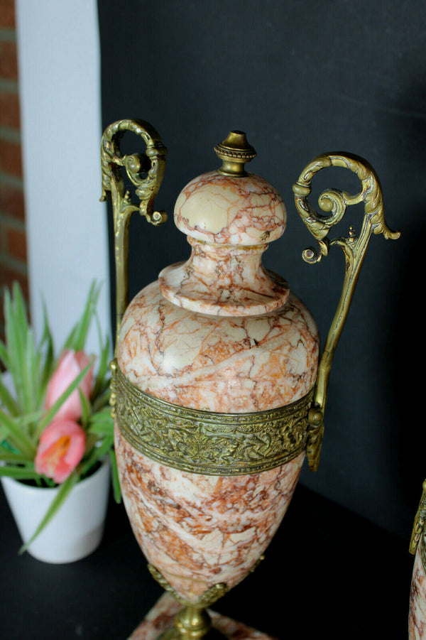 PAIR antique french marble urns vases greek warrior scene