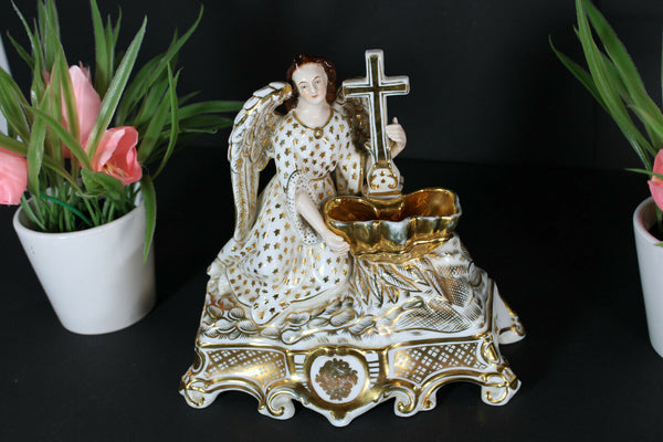 Antique top French vieux paris porcelain holy water font archangel figurine