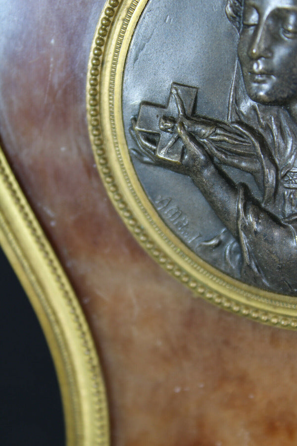 Antique French onyx brass holy water font medaillon madonna