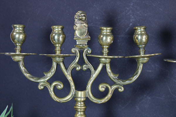 PAIR antique bronze amsterdam lion Candelabras candle holders
