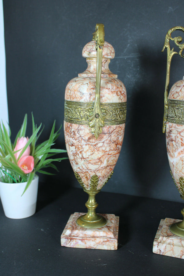 PAIR antique french marble urns vases greek warrior scene