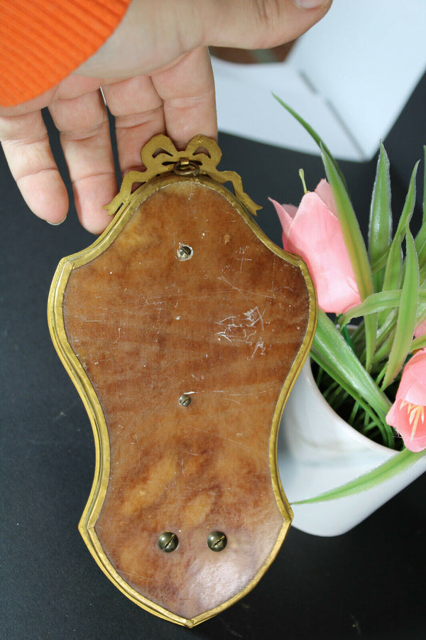 Antique French onyx brass holy water font medaillon madonna