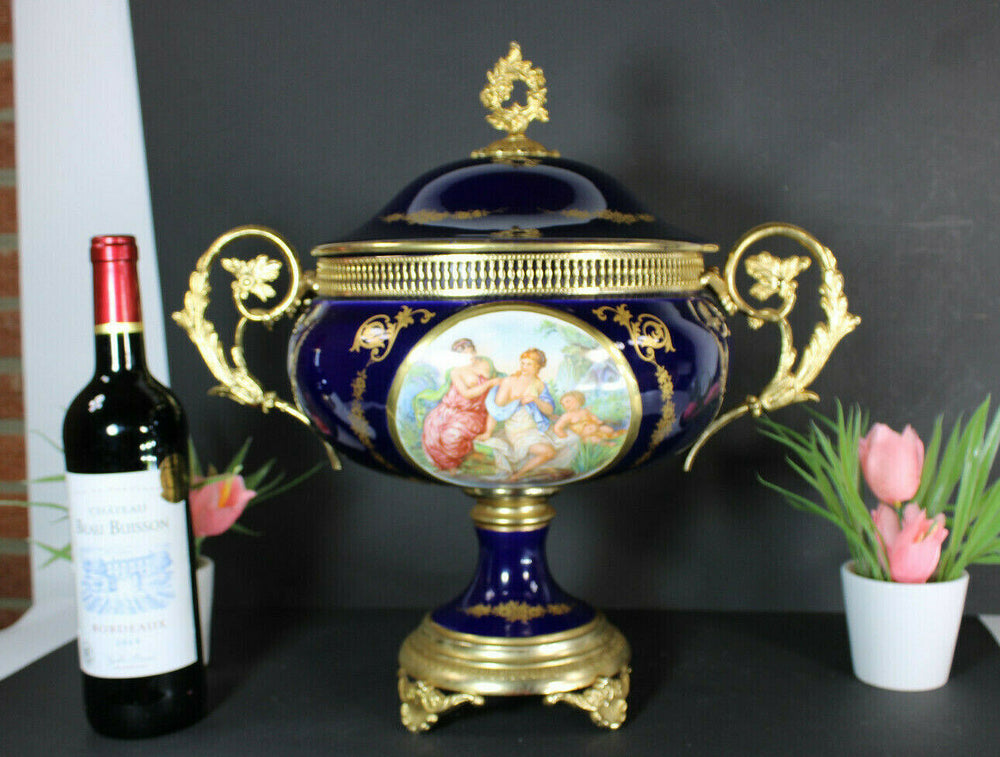Vintage XL  cobalt blue porcelain Vase bowl lidded victorian scene marked
