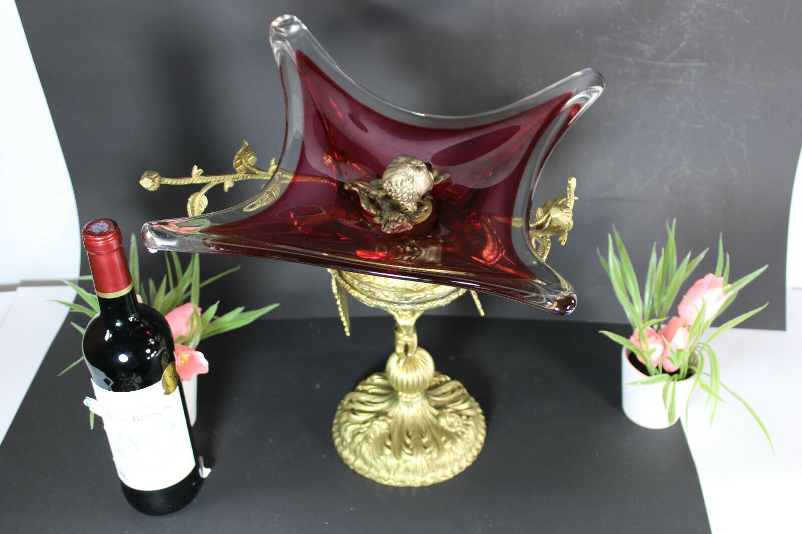 XL Bronze Murano glass Bowl Centerpiece Cherub angel figurine rare