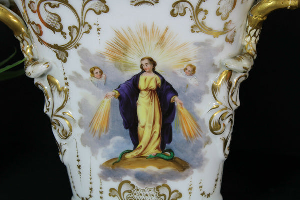 Antique french vieux paris porcelain religious hand paint madonna angels vase