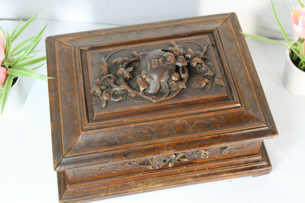 Antique black forest wood carved sewing box initials floral decor rare