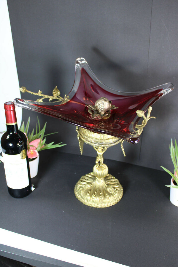 XL Bronze Murano glass Bowl Centerpiece Cherub angel figurine rare