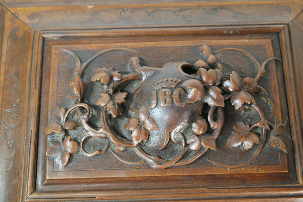 Antique black forest wood carved sewing box initials floral decor rare