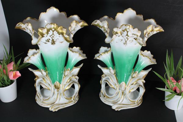 PAIR antique french vieux paris porcelain Cornet vases