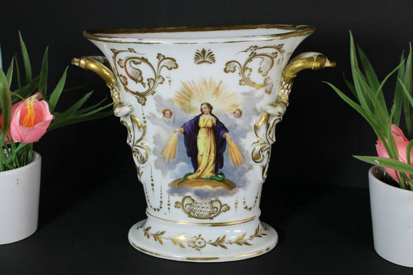 Antique french vieux paris porcelain religious hand paint madonna angels vase