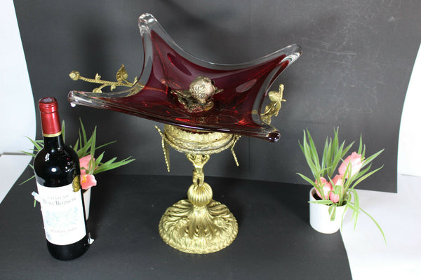 XL Bronze Murano glass Bowl Centerpiece Cherub angel figurine rare