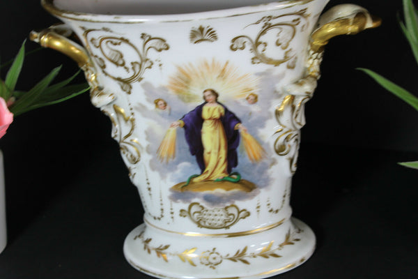 Antique french vieux paris porcelain religious hand paint madonna angels vase