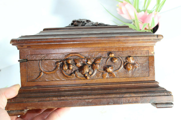 Antique black forest wood carved sewing box initials floral decor rare