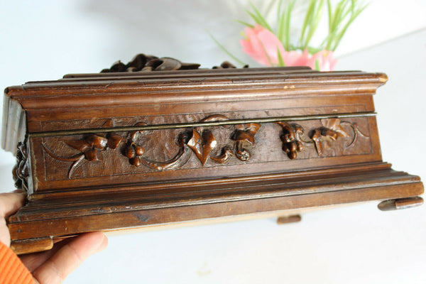 Antique black forest wood carved sewing box initials floral decor rare