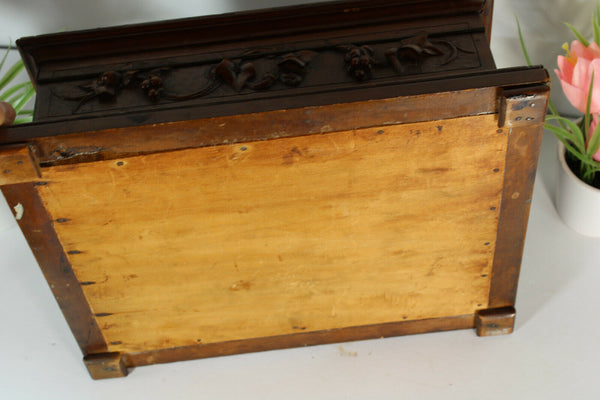 Antique black forest wood carved sewing box initials floral decor rare