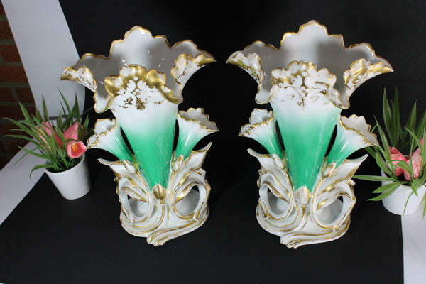 PAIR antique french vieux paris porcelain Cornet vases