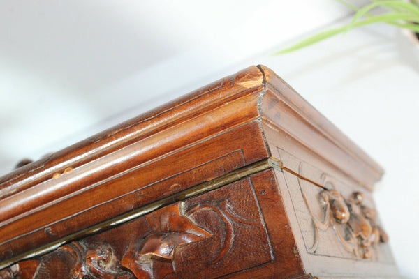 Antique black forest wood carved sewing box initials floral decor rare