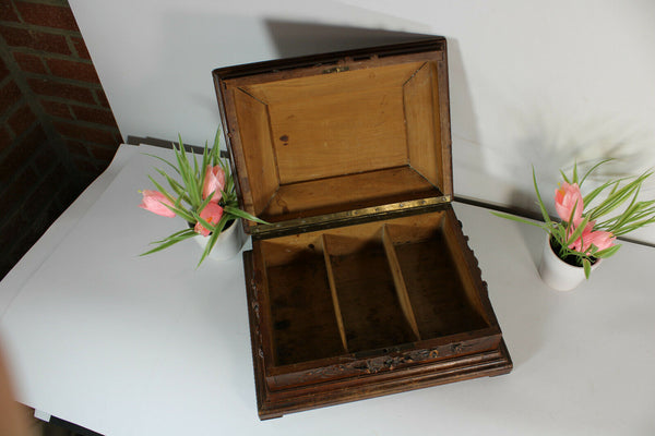 Antique black forest wood carved sewing box initials floral decor rare