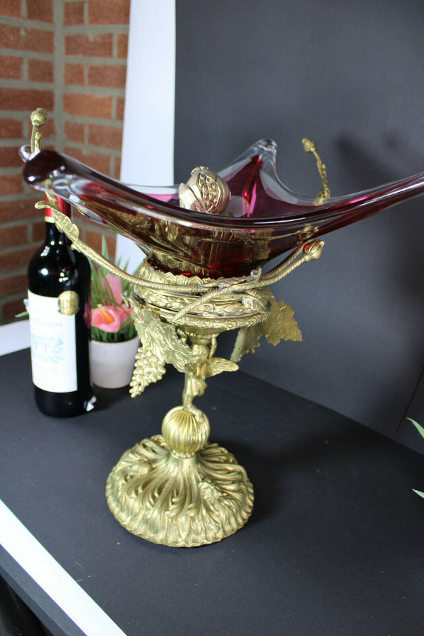 XL Bronze Murano glass Bowl Centerpiece Cherub angel figurine rare
