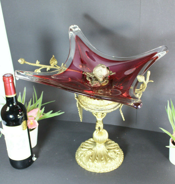 XL Bronze Murano glass Bowl Centerpiece Cherub angel figurine rare