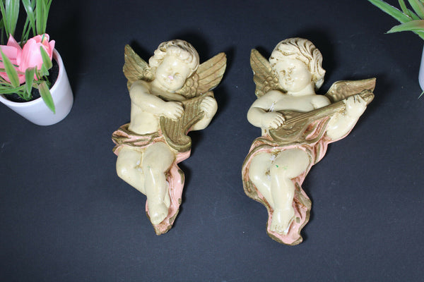 pair vintage 1950 clalk plaster wall angels cherubs musicians putti figurine