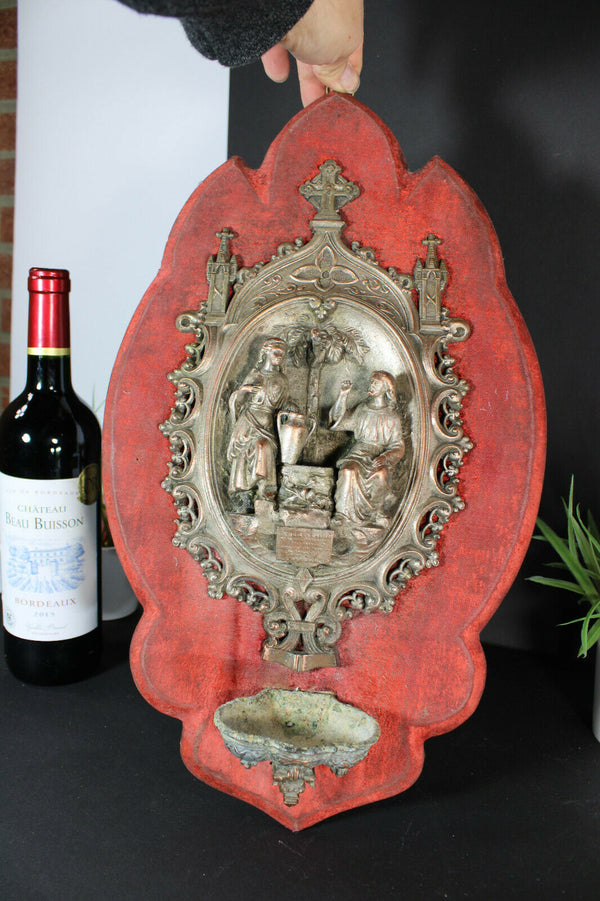 Rare XL antique zamac metal holy water font plaque Velvet christ water fontain