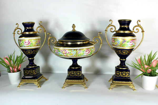 Set 3 French limoges cobalt porcelain floral decor Centerpiece vases mantel