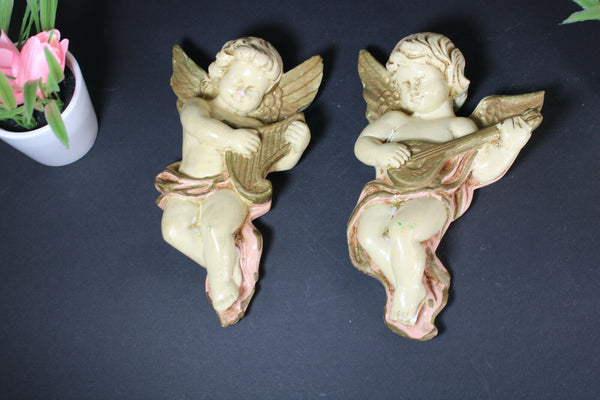 pair vintage 1950 clalk plaster wall angels cherubs musicians putti figurine