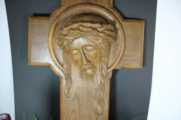 LARGE french wood carved wall plaque christ 1951 dated religious