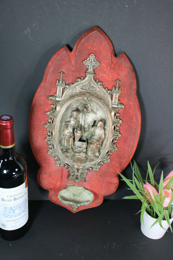 Rare XL antique zamac metal holy water font plaque Velvet christ water fontain