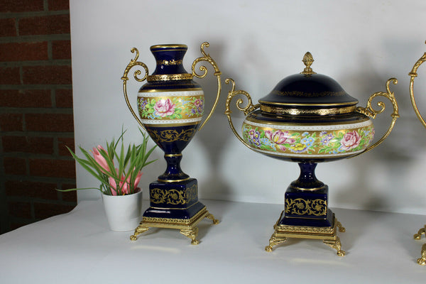 Set 3 French limoges cobalt porcelain floral decor Centerpiece vases mantel