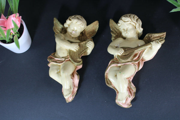 pair vintage 1950 clalk plaster wall angels cherubs musicians putti figurine