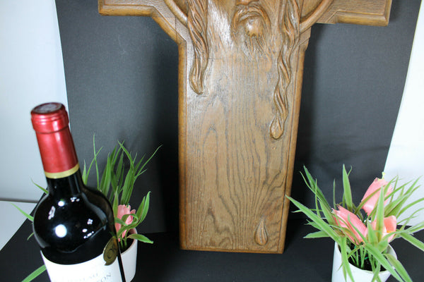 LARGE french wood carved wall plaque christ 1951 dated religious