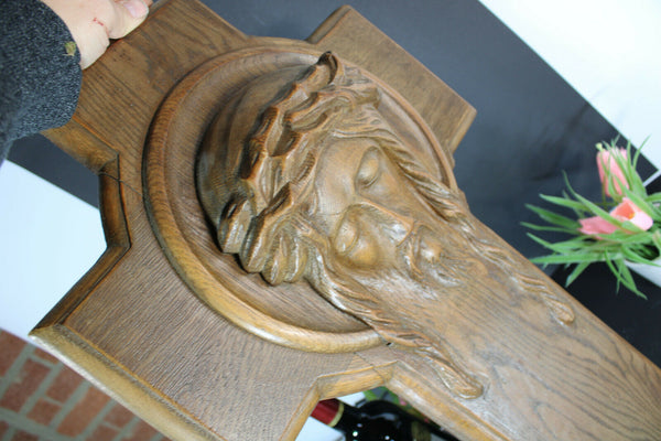 LARGE french wood carved wall plaque christ 1951 dated religious