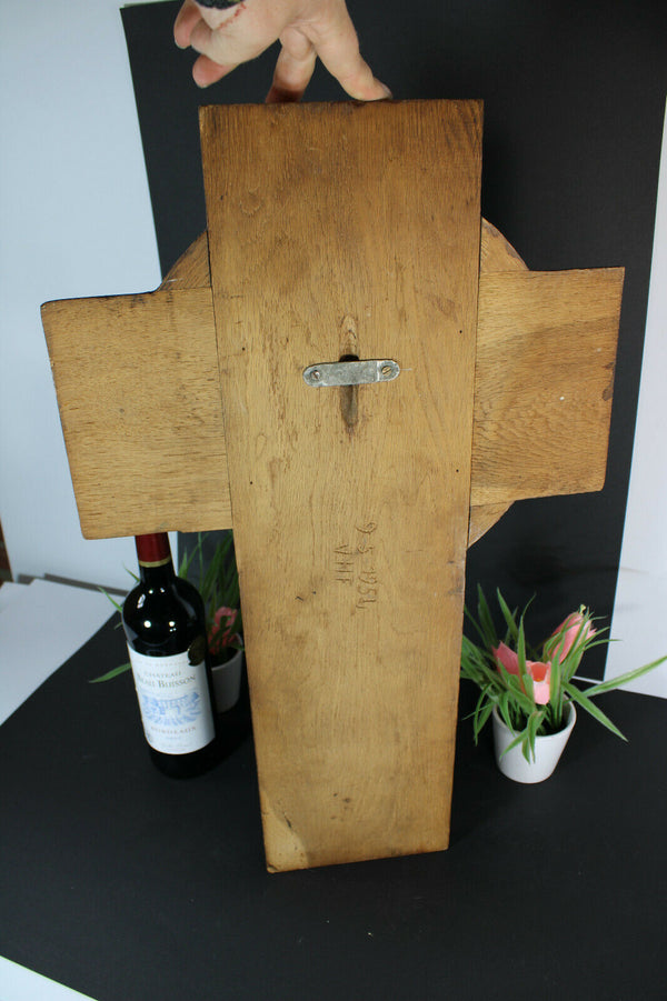 LARGE french wood carved wall plaque christ 1951 dated religious