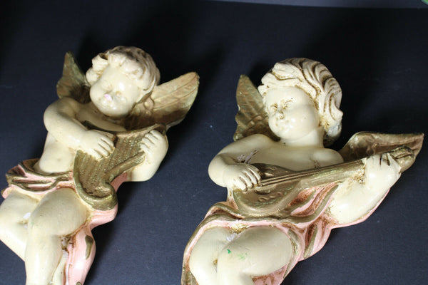 pair vintage 1950 clalk plaster wall angels cherubs musicians putti figurine