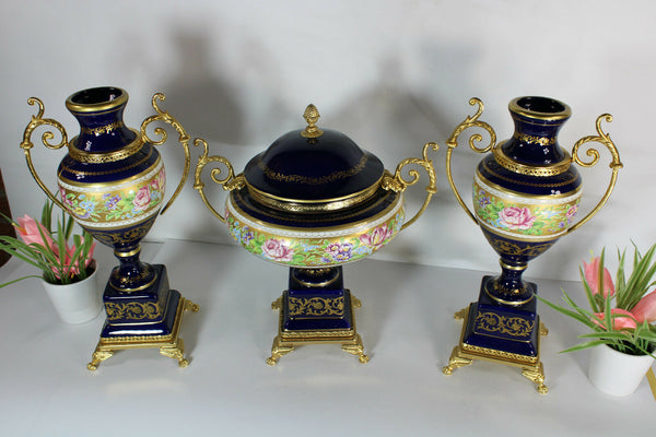 Set 3 French limoges cobalt porcelain floral decor Centerpiece vases mantel