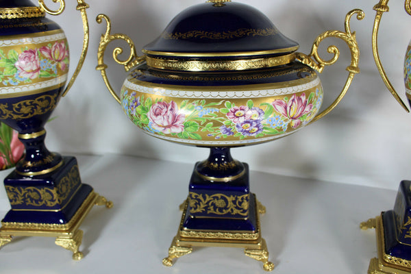 Set 3 French limoges cobalt porcelain floral decor Centerpiece vases mantel