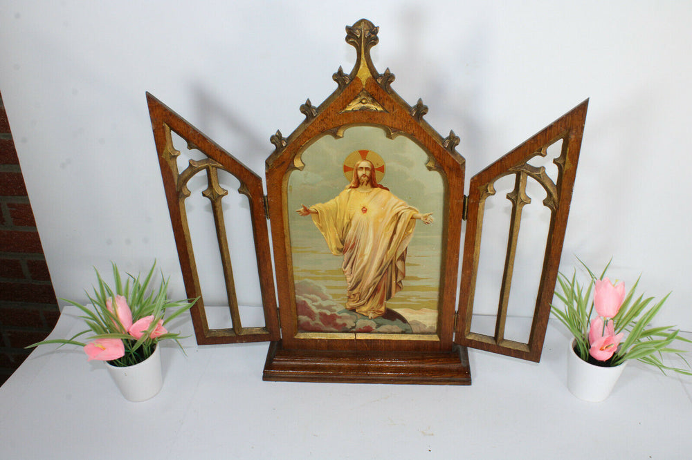 Antique belgian neo gothic wood chapel saint thomas metal enamel painting marked