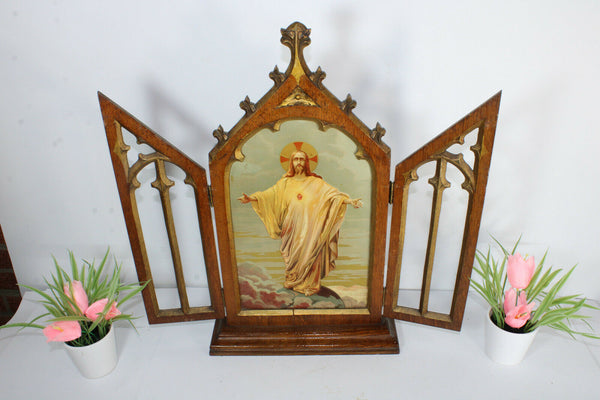 Antique belgian neo gothic wood chapel saint thomas metal enamel painting marked