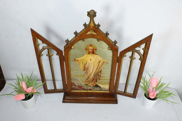 Antique belgian neo gothic wood chapel saint thomas metal enamel painting marked