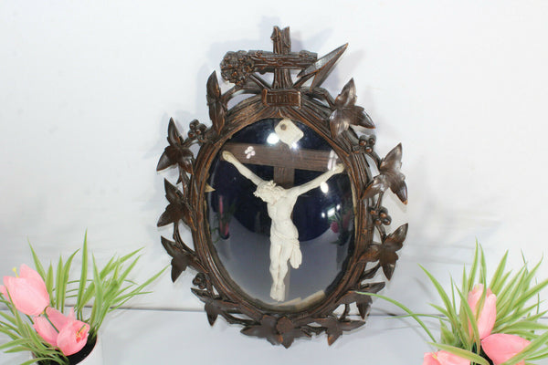 Antique napoleon III black forest wood carved frame plaque crucifix christ