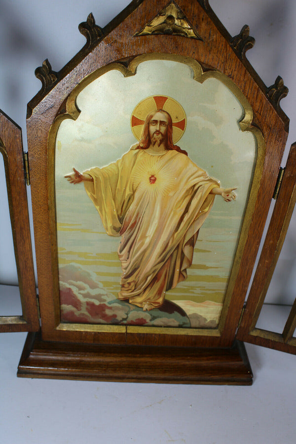 Antique belgian neo gothic wood chapel saint thomas metal enamel painting marked