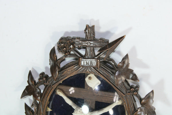 Antique napoleon III black forest wood carved frame plaque crucifix christ