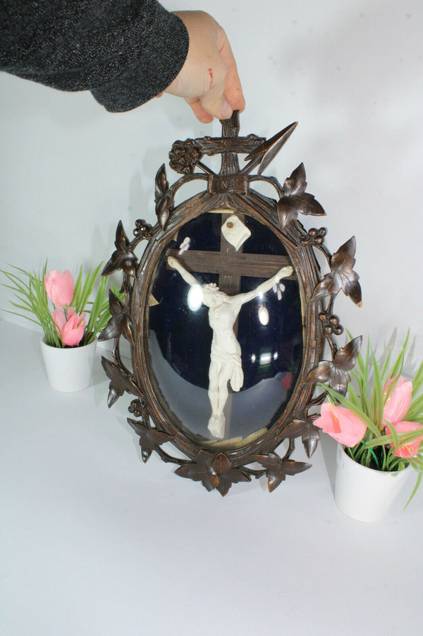 Antique napoleon III black forest wood carved frame plaque crucifix christ