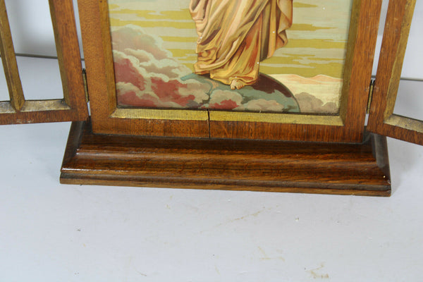 Antique belgian neo gothic wood chapel saint thomas metal enamel painting marked