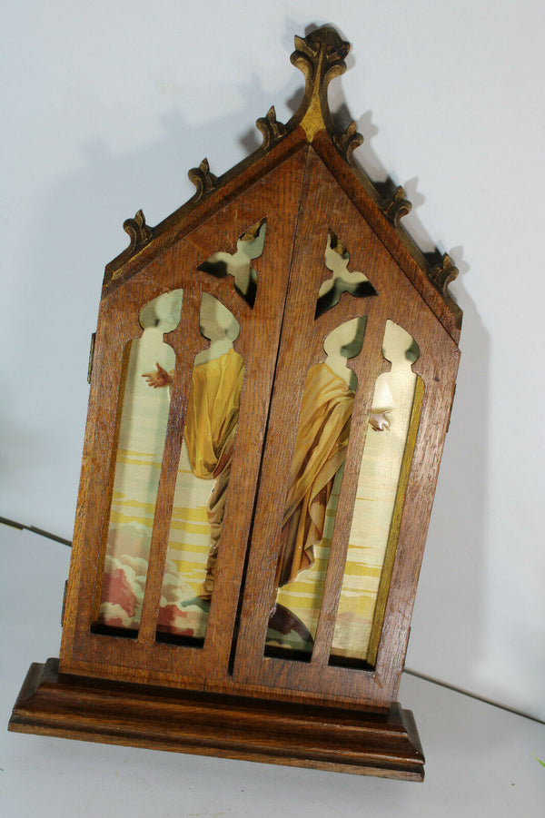 Antique belgian neo gothic wood chapel saint thomas metal enamel painting marked