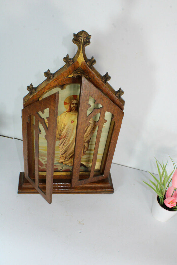 Antique belgian neo gothic wood chapel saint thomas metal enamel painting marked